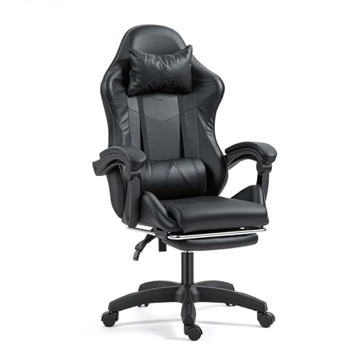 Panana Gaming Chair, Racing Style Office High Back Ergonomic Conference Work Chair Reclining Computer PC Swivel Desk Chair 145 Degree Reclining Angle with Headrest, Lumbar Cushion & Footrest (Black)