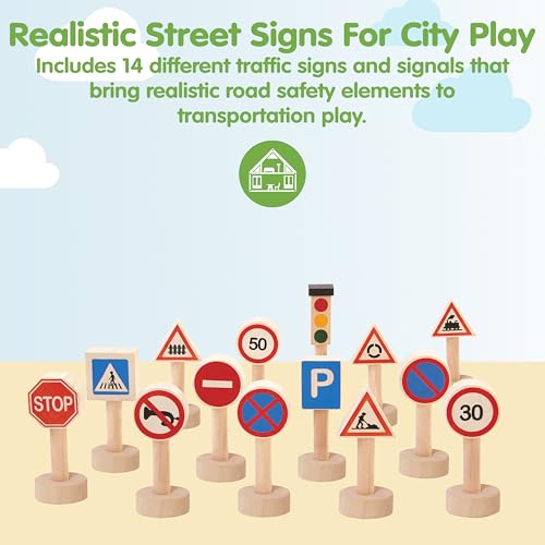 Image of PlanToys Traffic Signs & Lights Wooden Montessori Imaginative Kids Play Set