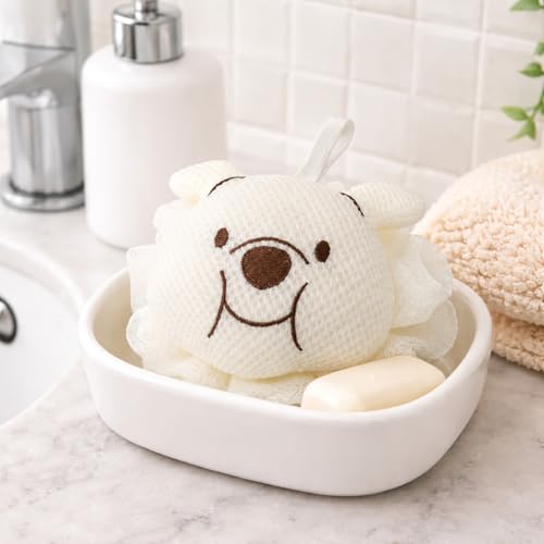 Image of Luxe Home International Bath Sponge For Kids And Adult Microfibre Soft Shower Loofah Panda Pattern Gentle Skin Exfoliating Body Scrubber For Toddler Cream 10x12cm Pack Of 1