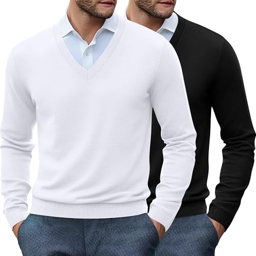Ficerd 2 Pack Men's V Neck Long Sleeve Sweater Business Casual Slim Fit Pullover Lightweight Soft Sweaters
