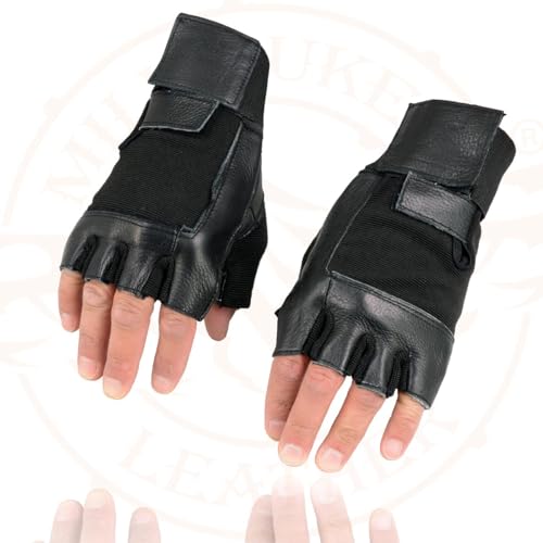 Image of Milwaukee Leather SH198 Men's Black Flame Embroidered Fingerless Gloves with Gel Palm