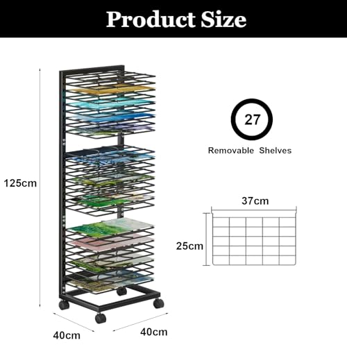Nexalite Zeichenständer mit 27 Ablagen auf Rollen, Kunstaufbewahrung aus Kohlenstoffstahl, mobiler, perforierter Trockenständer für Leinwand und Papier, multifunktionaler, belüfteter Atelierständer