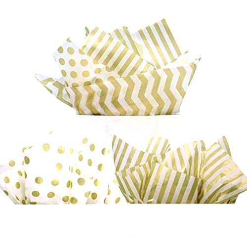 UNIQOOO 60 Sheets 20X26" Premium Metallic Gold Tissue Gift Wrap Paper Bulk - Stripe, Polka Dot, Wave Gold - Recyclable Gift Wrapping Accessory, Perfect for Party Decor, Gift Bags, DIY Crafts