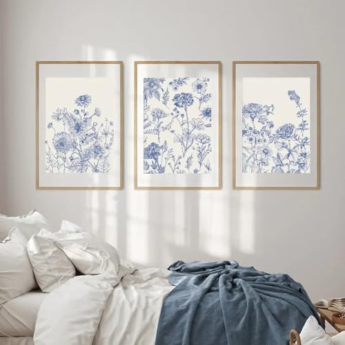 Art mural botanique bleu triptyque grand format pour chambre à coucher - 2