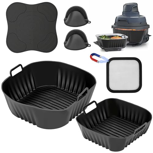 SelfTek 6 Stück Airfryer Zubehör für Ninja CRISPi FN101EU - mit 2 Stück Silikonform Spritzschutz Silikonhandschuhe Silikonmatten für Ninja Crispi Zubehör Wiederverwendba Spülmaschinenfest