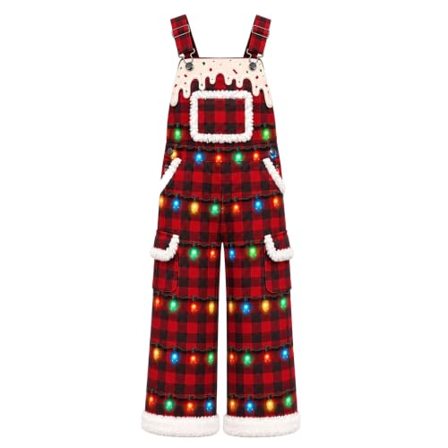 Mens Christmas Overalls Plaid Holiday Light Print Fuzzy Trim Jumpsuit — view 2