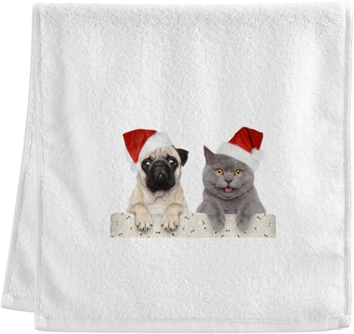 フェイスタオル 猫柄 おもしろ ハンドタオル クリスマス帽子 犬 猫 バスタオル 吸水 速乾 軽量 薄手 耐久性 綿100% 抗菌防臭 ギフト 75×40cm 1枚セット