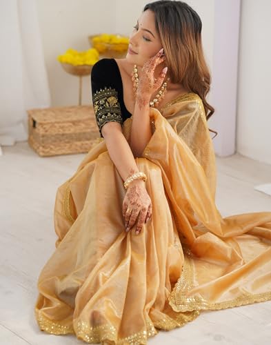 Image of SIRIL Women's Shimmer Net Sequence Embroidery Lace Saree for With Unstitched Blouse Piece