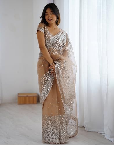 Image of SIRIL Women's Net Sequence Embroidered Saree With Unstitched Blouse