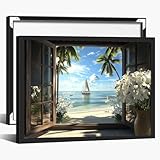 Küstenwandkunst, tropischer Strand, Leinwanddruck, Gemälde mit Meerblick, Segelboot, Dekoration am Meer, entspannende Sommerlandschaft, Wandkunst für Wohnzimmer, 40 x 50 cm, schwarzer Rahmen