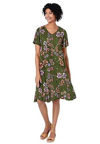 Woman Within Women's Plus Size Short Pullover Crinkle Dress - 18 W, Dark Basil Floral Green #TOP8