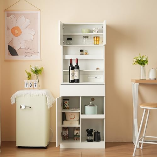 JvFun 食器棚 キッチンボード レンジ台 棚 | 幅59高さ166.5奥行44.5cm 家電収納 引き出し収納 一人暮らし スリム おしゃれ シンプル キッチン(ホワイト)
