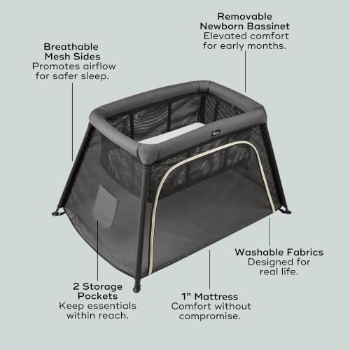 Image of Babymoov Moov & Comfy 3-in-1 Lightweight Travel Crib, Baby Play Yard, and Infant Bassinet, Charcoal Grey