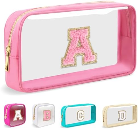 Iqimott Mini Clear Personalized Initial Makeup Bag, Nylon Preppy A-Z Chenille Letter Patch Zipper Cosmetic Bag, Small Cute Pouch Travel Coin Purse Toiletry Bag, Small-Pink, A
