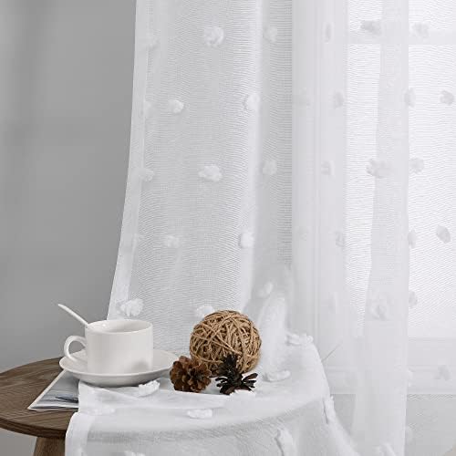 Guken White Textured Pom Pom Sheer Curtains 84 Inches Long 2 Panel Set Rod Pocket Boho White Curtains for Living Room Country Rustic Farmhouse Bedroom Window Curtain Panles 52x84 Length