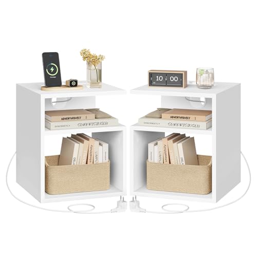 EUGAD Table de Chevet Connectée, Lot de 2, Table de Nuit avec Prise Intégrée, 2 Prises AC, 1 Port USB, 1 Port Type-C, 2 Compartiments Ouverts, en Bois d'Ingénierie, Blanc