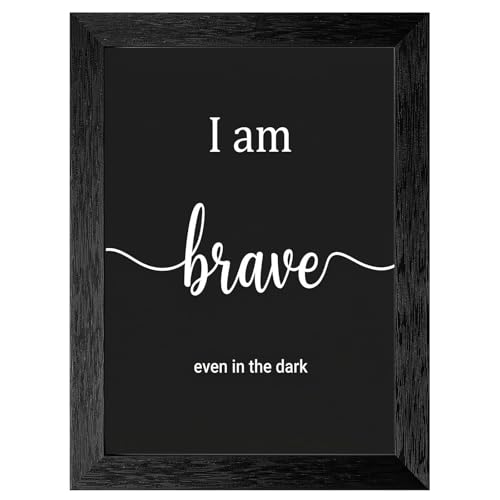 Minimalist Framed Wall Art - I Am Brave Even in the Dark Typography Print - Premium Textured Black Frame - Inspirational Monochrome Home Decor - 12x16 Inch