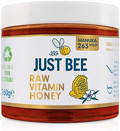 Just Bee Raw Vitamin Manuka Honey (263 MGO), Certified Pure New Zealand Honey with Vitamin C, B6, B12, Echinacea (260g jar)
