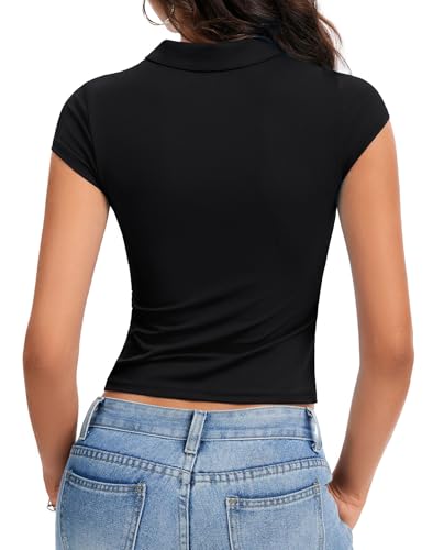 Womens Collared Shirts Fitted Polo Shirt Short Sleeve V Neck Summer Tops4