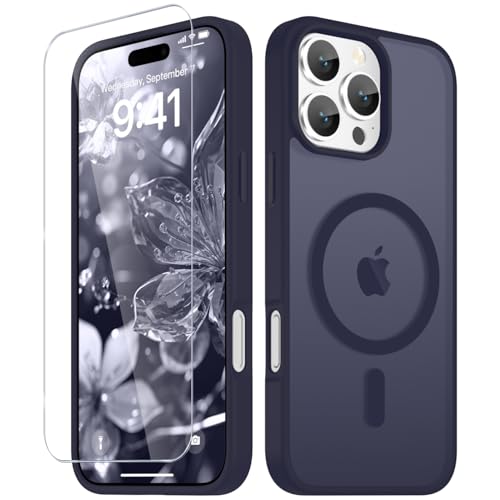 Image of YENAPOON for iPhone 16 Pro Max Case, Matte Magnetic Phone Cover [with 1 Screen Protector] [Support for MagSafe] [Shockproof Military Grade Protection] Translucent Frosted Back, Deep Purple
