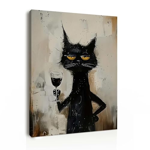 Framed Canvas Wall Art 12x16 Inch Funny Black Cat with Wine 