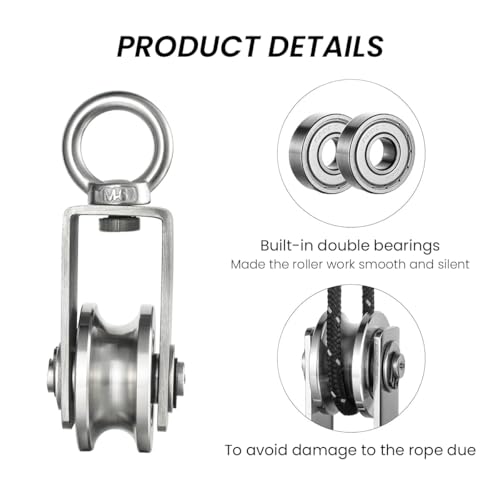 Image of Serplex Cable Pulley Wheel 304 Stainless Steel Hoisting Pulley Wheel Smooth Bearing Cable Pulley Wheel with Loop 551lbs High Loading Capacity Hoisting Pulley Wheel for Lifting Mechanism, DIY Crafts