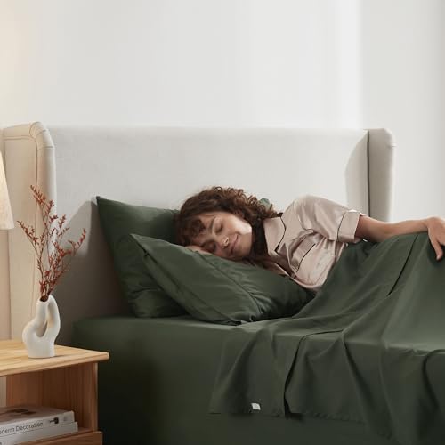 Image of Nestl Split King Bed Sheet Set - Olive Green - 5-Piece Deep Pocket | Instantly Soft, Night-One Ready (No Wash Required). Fits 16-Inch Deep Pockets, 360-Degree Elastic Grip