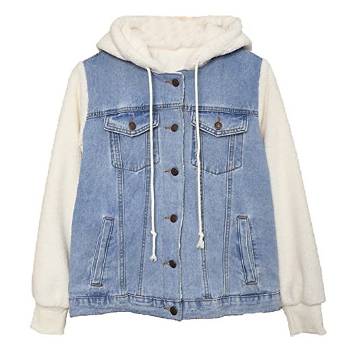 Veste en denim à capuche polaire femme avec manches longues style boyfriend