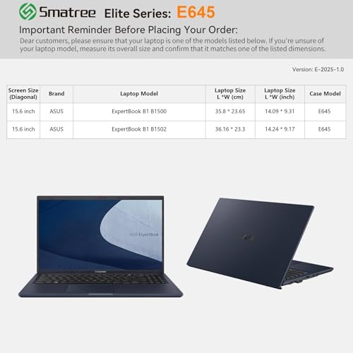 Image of Smatree Laptop Sleeve for 15.6 inch ASUS ExpertBook B1 B1502 /B1500, Laptop Case with Accessory Pocket, YKK Zipper, Patented Super-Corner Design(E645)