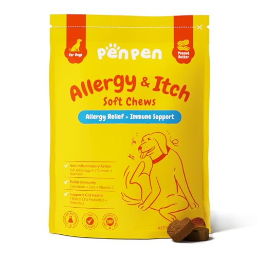 PENPENPET Dog Allergy Relief Chews, Dog Itching Skin Relief, Omega 3 for Dogs Itch Supplement, Relieve Seasonal Allergy, Provide Immune Support (Peanut Butter Chews, 50ct)
