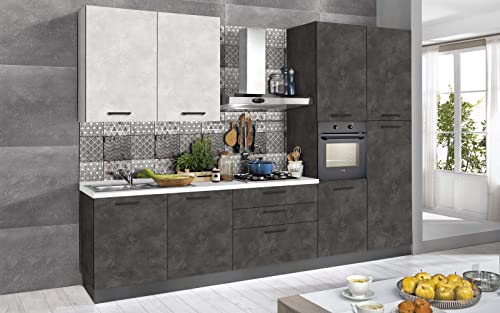 Dafne Italian Design Cocina completa con electrodomésticos (horno, fregadero, campana de cocina) estilo industrial - cm. 330 x 60 x 240 - masilla de plomo, estuco blanco - nevera a la derecha