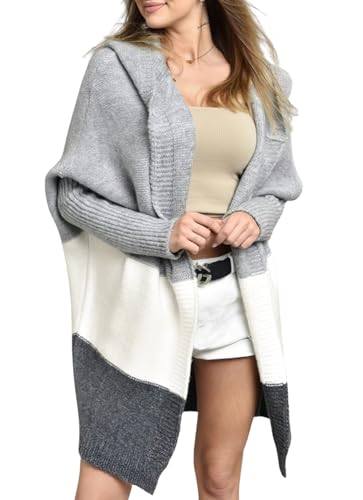 Image of Women's Oversized Hooded Cardigan Color Block Open Front Sweater Chunky Knit Long Coatigan Coat