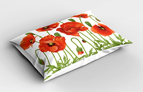 Ambesonne Flower Pillow Sham, Spring Wild Flower Poppy Ladybug Leaf Springtime Garden Nature Backyard Print, Decorative Standard Queen Size Printed Pillowcase, 30" X 20", Orange Green #TOP1