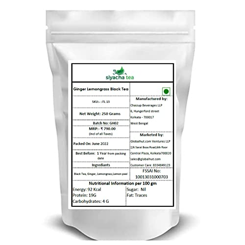 Image of Siyacha Tea Ginger Lemongrass Black Tea, 250 Grams, Helps in Digestion, Natural Anti Oxidants Rich, Energy & Immunity Booster, Whole Loose Leaf Beverage, Makes 125 Cups (approx)