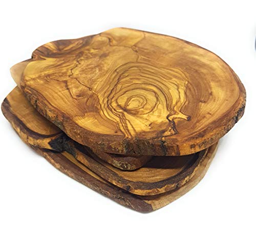 Olive Wood Coasters 100% Natural & Organic - Set of 4 - Handmade - with a Box