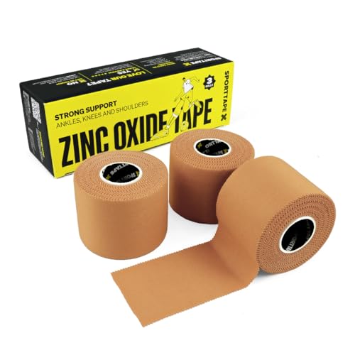 3 Rollen SPORTTAPE Premium Zinkoxid-Bräunungsband - 5,0 cm x 10 m - Athletisches Umreifungsband mit höchster Zugfestigkeit, Blasenschutzband, medizinisches Knöchelband
