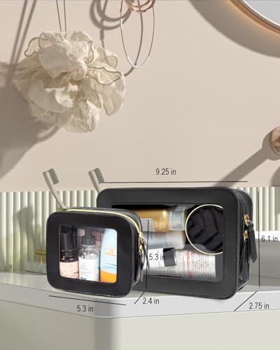 2 Pcs Clear Makup Bag Set, Clear Cosmetic Bags with Zipper Waterproof Small Travel Cosmetic Case Cute Make Up Pouch Mini Car Essentials for Women Travel Car Organizer (Black Set)2