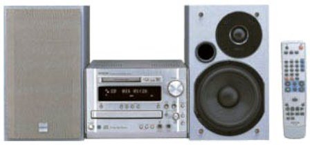 DENON D-MG33-S Silver CD/MD Component System with two speakers and a remote control