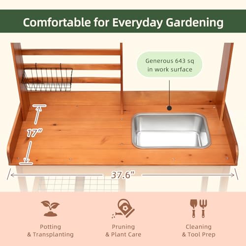 OOOK Potting Bench, Nordic Scots Pine Potting Table with Sliding Tabletop, Removable Sink, Workstation for Outside Patio Lawn, Wooden Garden Work Station