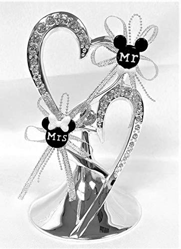 Mr. And Mrs. Mickey And Minnie Mouse Silver Double Heart Porcelain Wedding Cake Topper Decoration Keepsake #TOP23