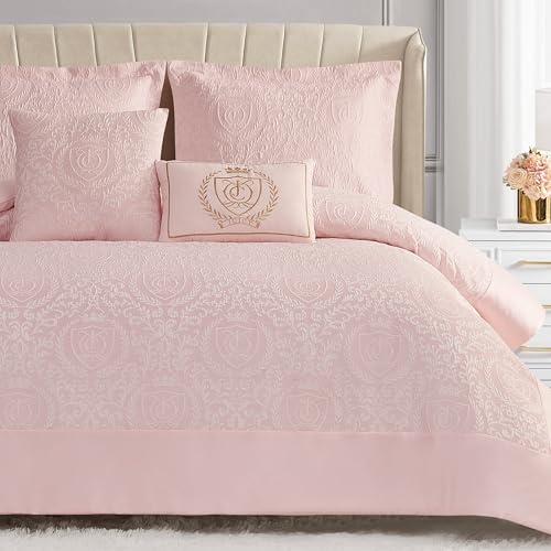 Image of Juicy Couture - Comforter Set, Dovona Design Bed Sheets, Queen Bedding, 5 Piece Set Includes 1 Comforter, 2 Shams and 2 Decorative Pillows, Wrinkle Resistant and Anti Pilling,Pink Blush