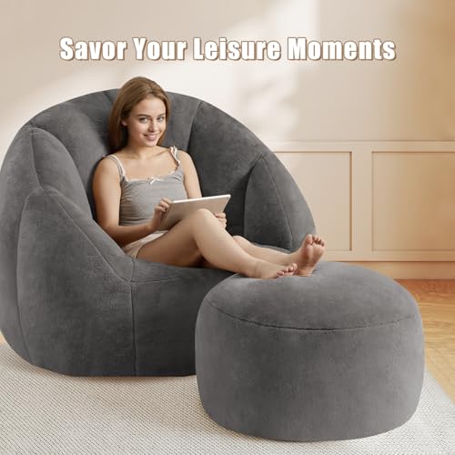Round Stuffed Pouf Ottoman for Foot Rest, A Round Modern Foam Filled Poufs, Floor Chair for Living Room, Nursery, Dorm,Outdoor, A Soft Modern Foot Stool Perfect to Rest Your Feet (Grey, 20Inch) - Thumbnail 3