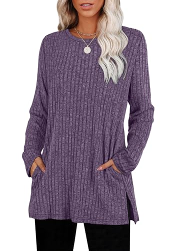 Image of Aokosor Ladies Jumpers Long Sleeve Tops Women Sweatshirts with Pockets Casual Women Tops Size 10-12 Purple M