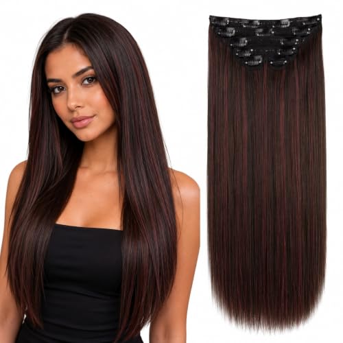 Image of Salon-Grade Maroon Highlights Straight Clip-in Extensions - 6PCS Synthetic Hair Volumizer with 13 Secure Clips for Instant Volume & Realistic Blend