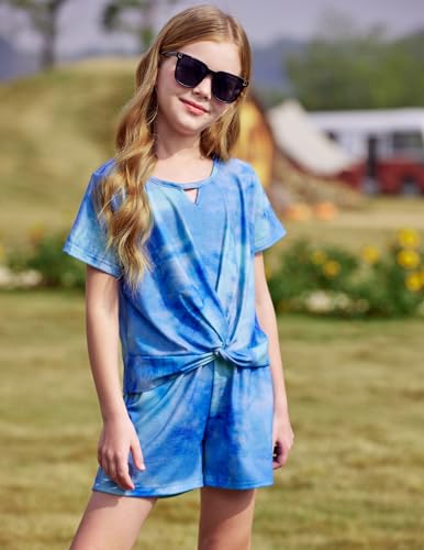 Image of Arshiner Girls Summer 2 Piece Outfits Tie Dye Short Sets Casual Twist Front Short Sleeve Tops and Pant with Pockets