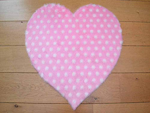 Image of Pink Dotty Heart Shaped Non Slip Machine Washable Sheepskin Style Kids Rug. Size 70cm x 70cm