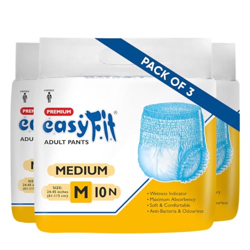 Image of Easyfit Adult Diaper Pants | 30 Count (Medium) | Waist 24-45 inch (61-115 cm) | Unisex | Leak Proof | Wetness Indicator | Overnight Protection | Elastic Waist (Pack of 3)