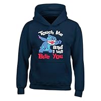 Touch Me And I Will Bite You Stitch Hoodie, Boys Girls Funny Sarcastic Stitch Cartoon Slogan Gift Unisex Hoodie Kids Adults Top(S, Navy)