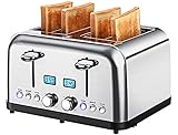 Toaster 4 Slice, Stainless Steel Toaster with LCD Digital Timer, Dual Control, 6 Shade Settings, 1.5 Inch Extra Wide Slot, Bagel/Defrost/Reheat/Cancel, Silver