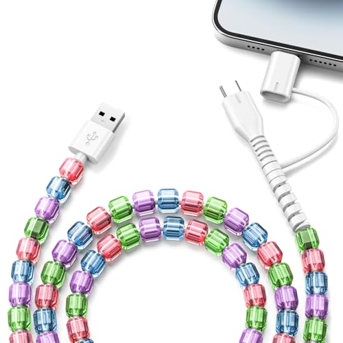 ATESSON USB C Cable 2 in 1 Multi Fast Charging Cable with Type C & iOS Port 3.3FT Beaded Phone Charger Cord for iPhone 17 16 15 14 13 12 11 Pro Max and Android, Cute Car Accessories for Women Girls